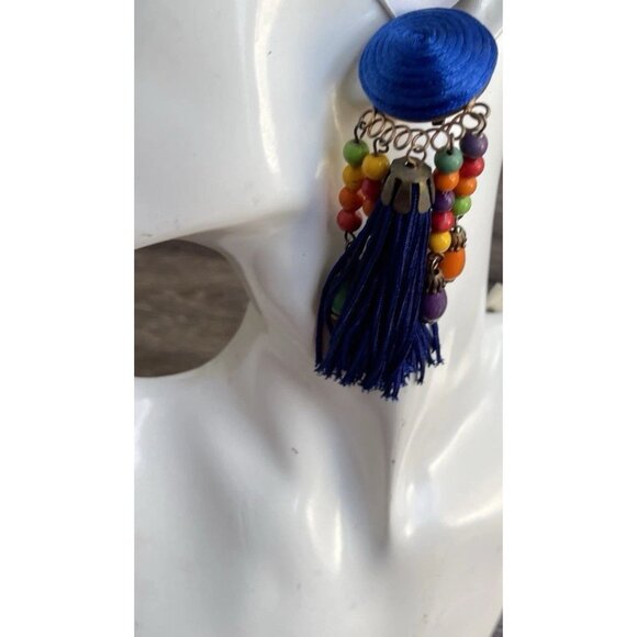 Vintage Earrings Large Long Blue Multi Color Boho Circle Clip On Fringe 80s 90 - Picture 4 of 10